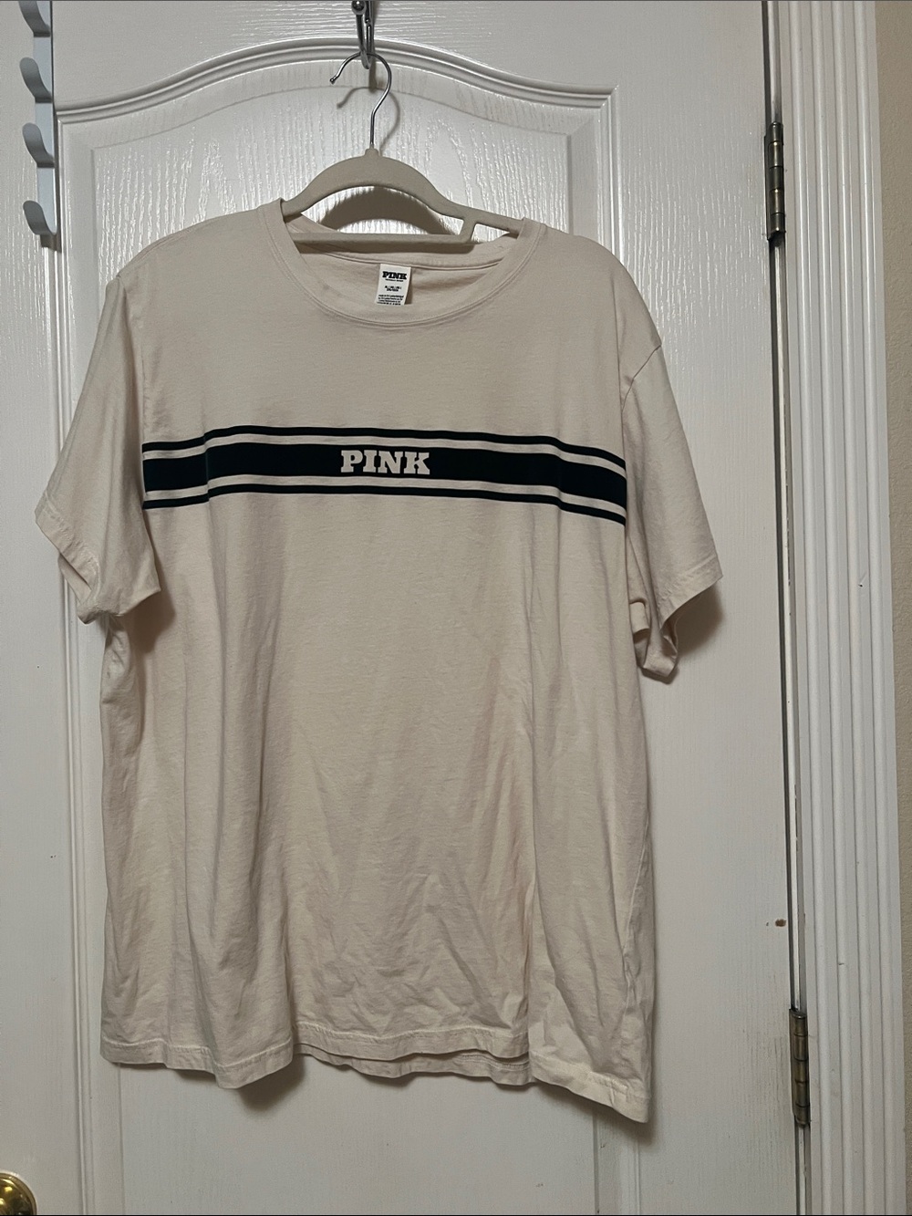 PINK Victoria's Secret Cream Short Sleeve Tee with Green Chest Stripe